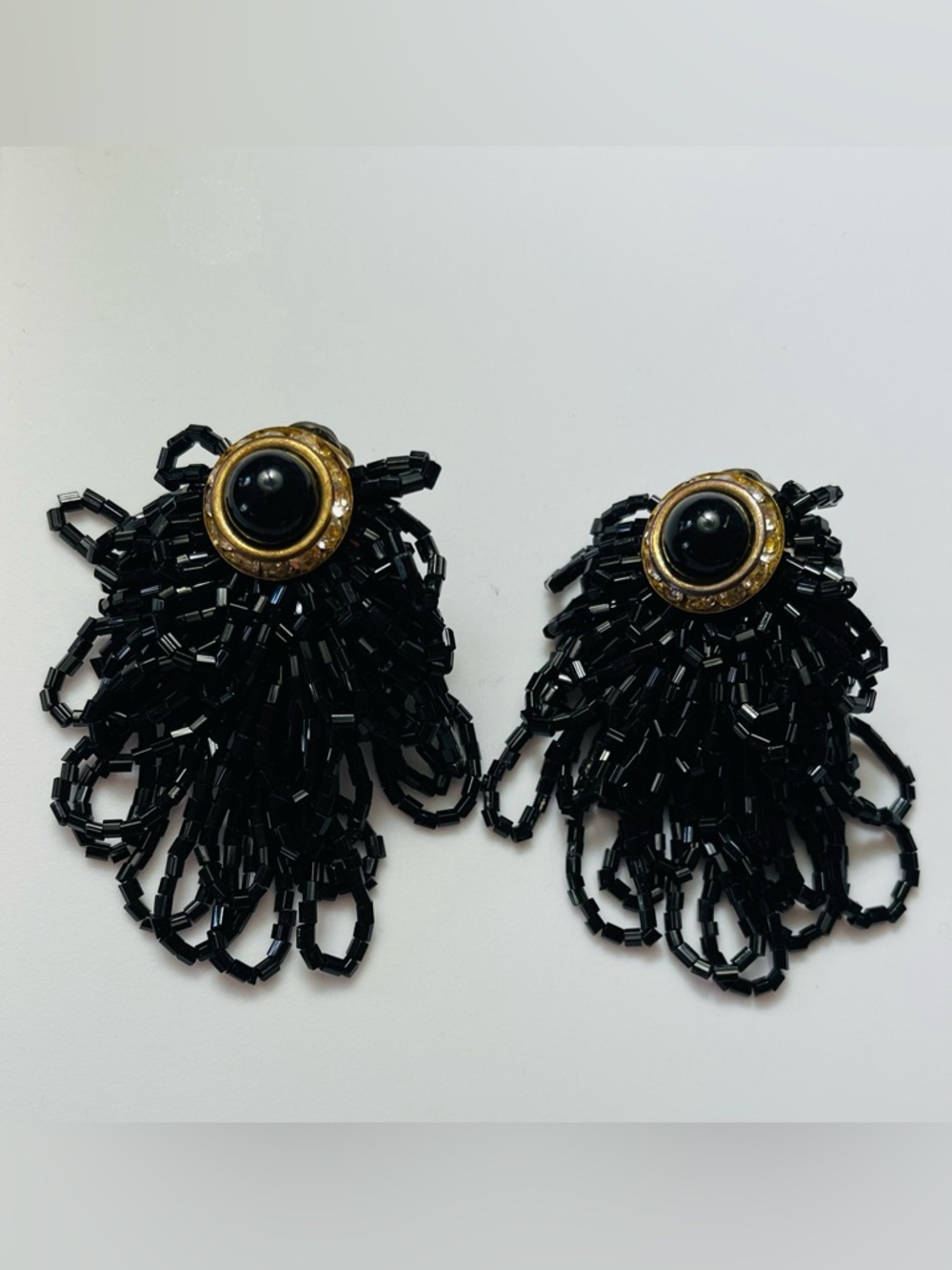 Vintage 80s Black Beaded Fringe Statement Earrings with Gold Accents - Clip On